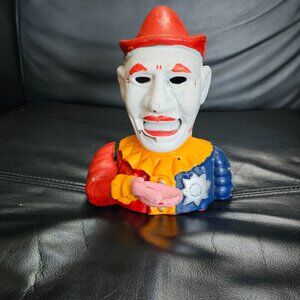 1960s (mcm) Clown Jester Cast Iron Mechanical Bank Vintage Humpty Dumpty Scary